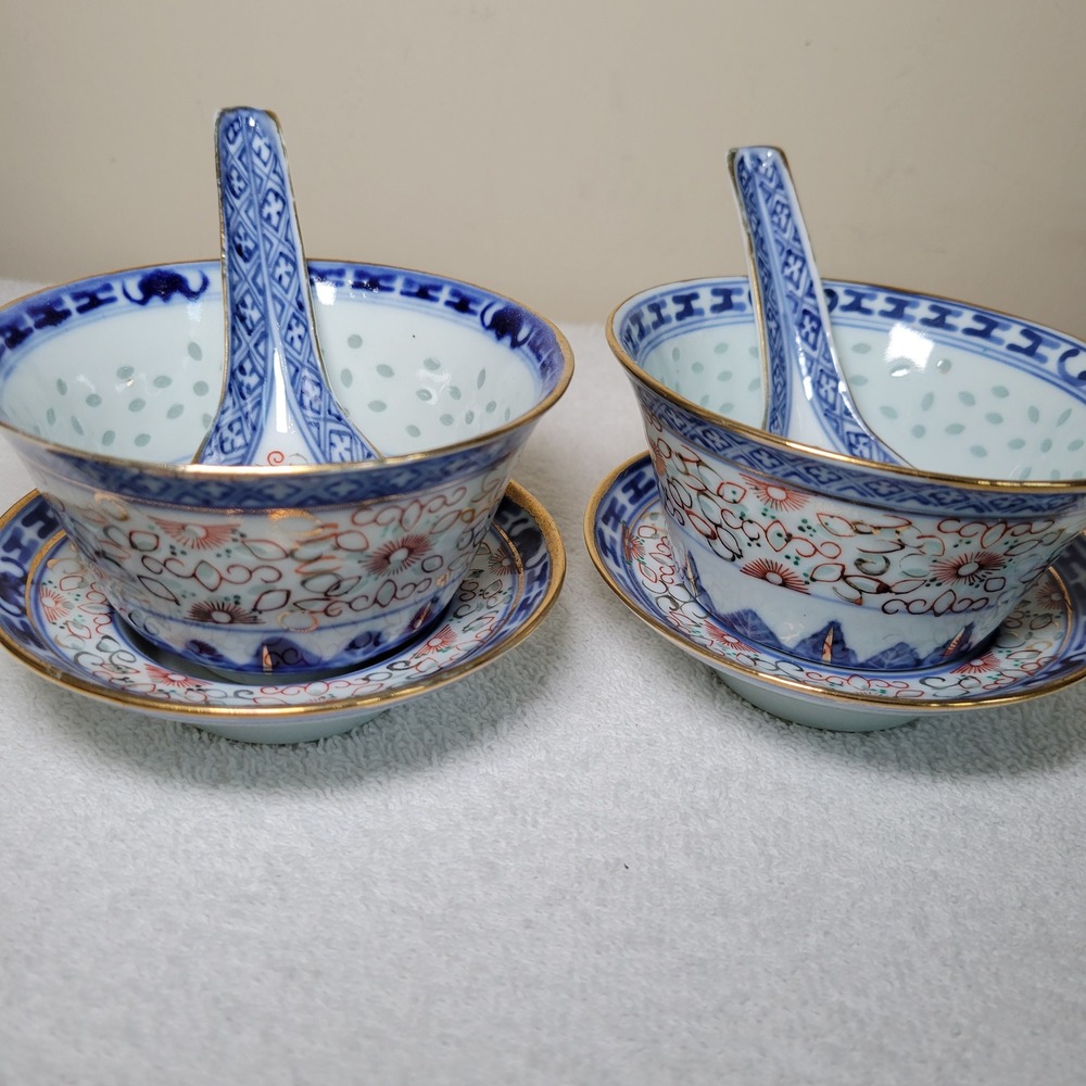 Vintage Chinese Rice Porcelain Bowl Saucer Spoon Set Blue White Gold 2 Settings